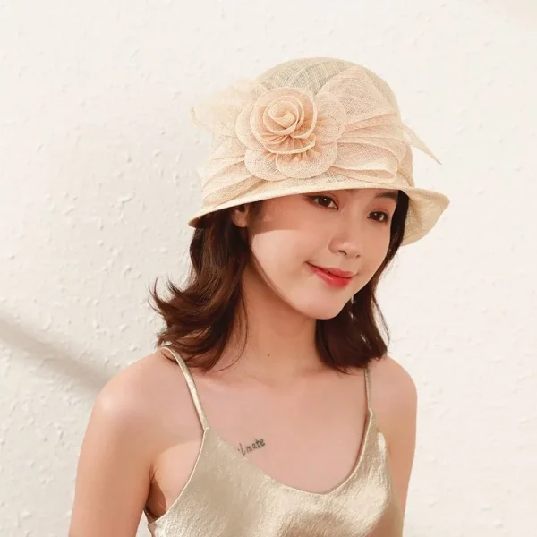 Elegant Court Linen Fascinators Rose Linen Sun Shading Large Brim Millinery Banquet Hat - Image 13