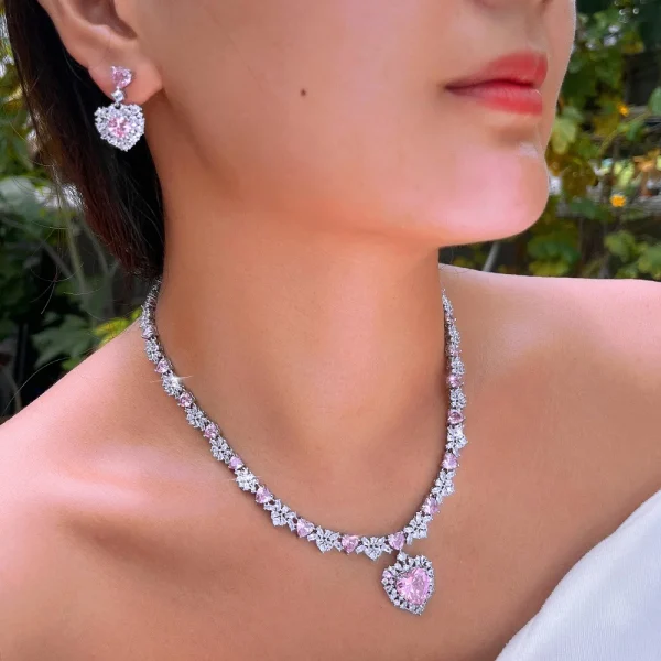 Elegant Cubic Zirconia Big Love Heart Dangle Drop Wedding Necklace Earrings Jewelry Sets