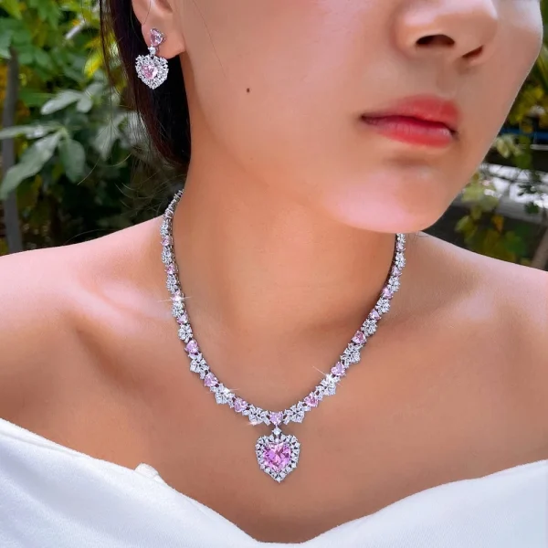 Elegant Cubic Zirconia Big Love Heart Dangle Drop Wedding Necklace Earrings Jewelry Sets - Image 2