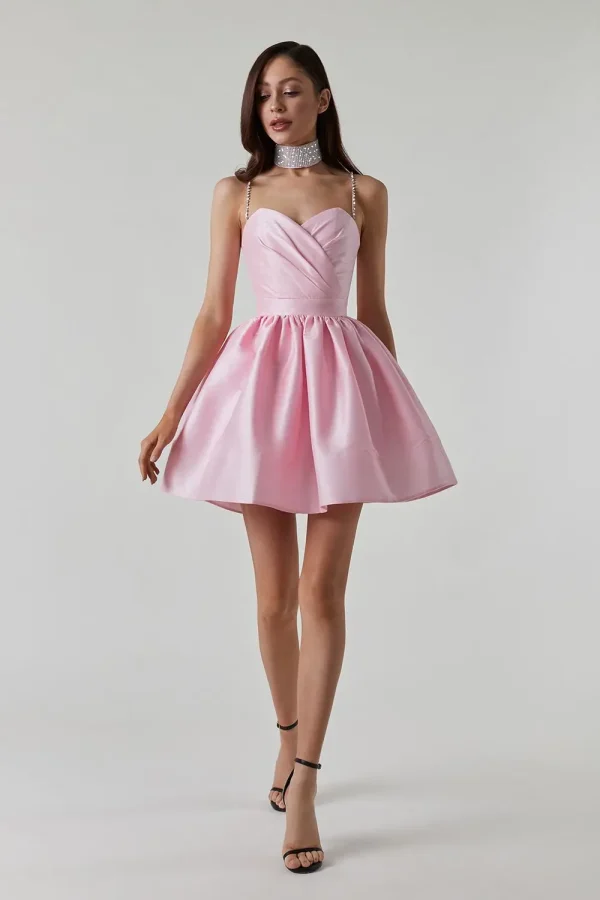 Elegant Diamond Spaghetti Strap Solid Color Low Cut Mini Evening Dress