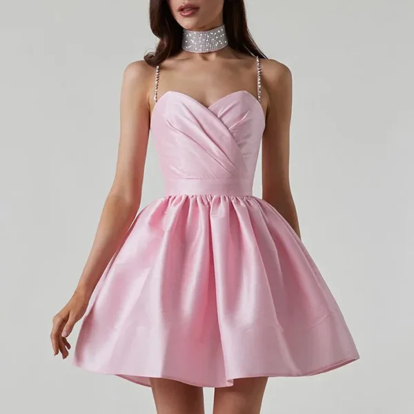 Elegant Diamond Spaghetti Strap Solid Color Low Cut Mini Evening Dress - Image 2