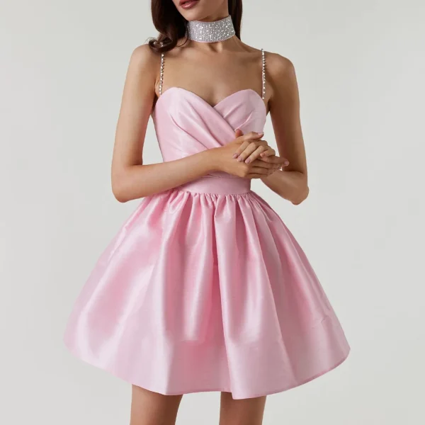 Elegant Diamond Spaghetti Strap Solid Color Low Cut Mini Evening Dress - Image 3