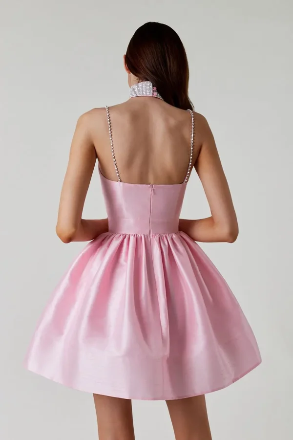 Elegant Diamond Spaghetti Strap Solid Color Low Cut Mini Evening Dress - Image 4