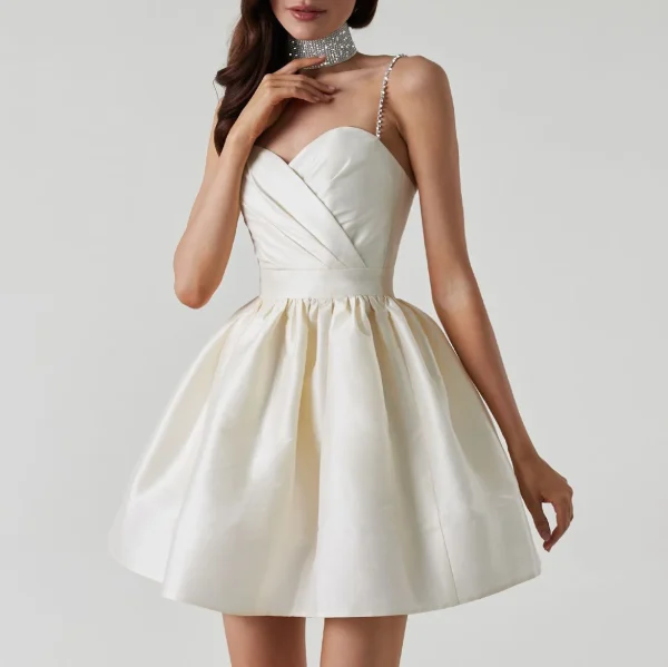 Elegant Diamond Spaghetti Strap Solid Color Low Cut Mini Evening Dress - Image 7