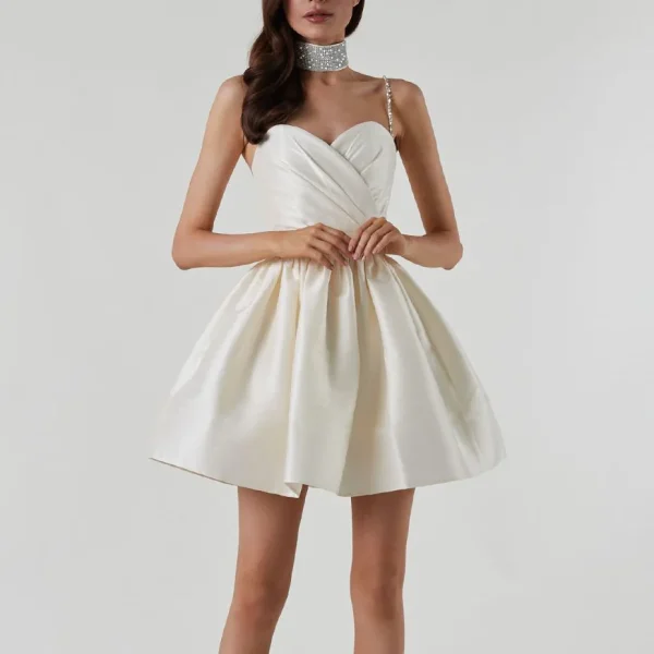 Elegant Diamond Spaghetti Strap Solid Color Low Cut Mini Evening Dress - Image 8