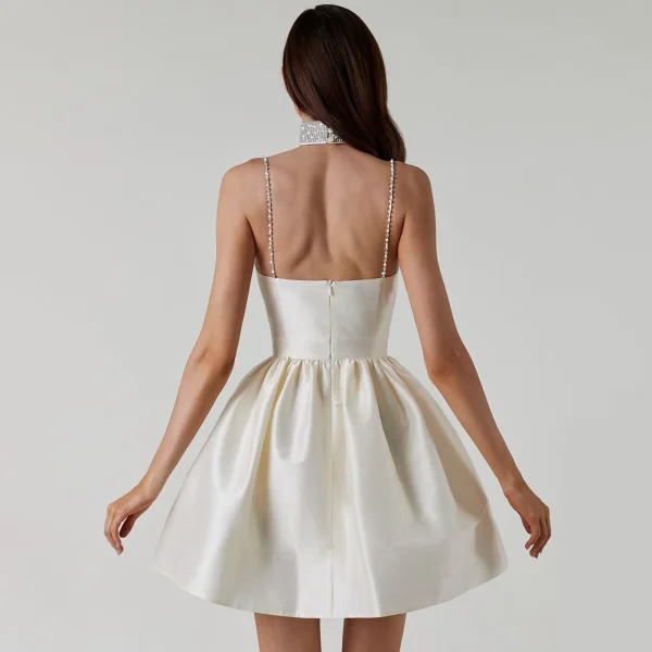Elegant Diamond Spaghetti Strap Solid Color Low Cut Mini Evening Dress - Image 9