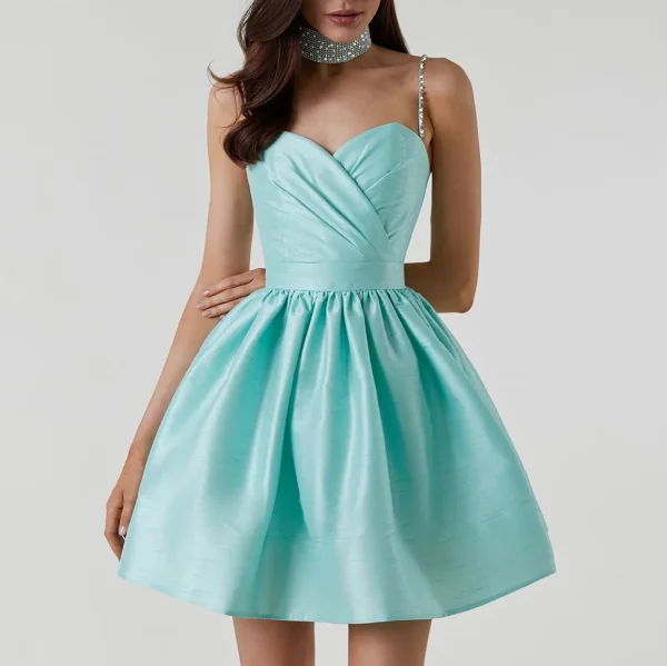 Elegant Diamond Spaghetti Strap Solid Color Low Cut Mini Evening Dress - Image 10