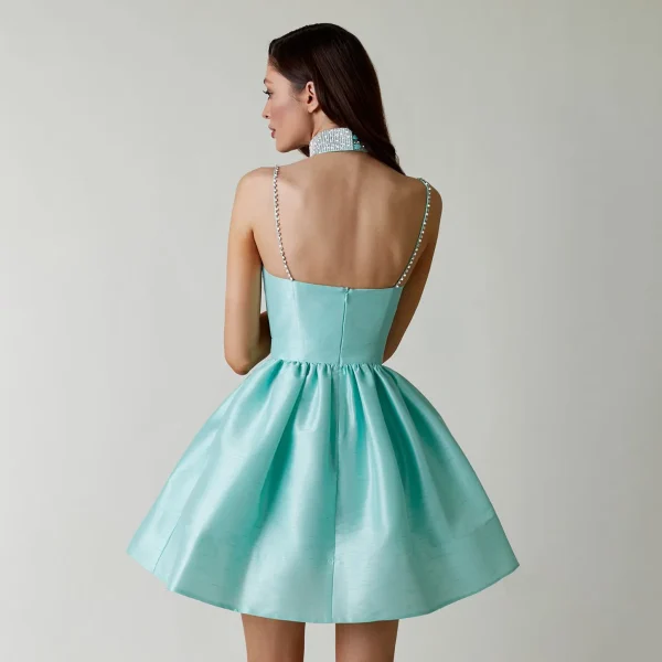 Elegant Diamond Spaghetti Strap Solid Color Low Cut Mini Evening Dress - Image 11
