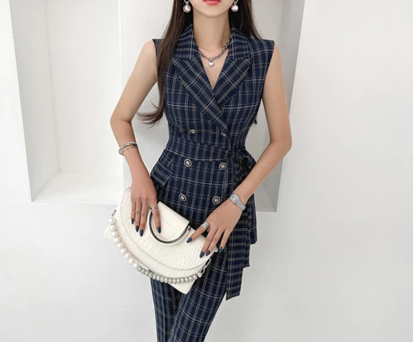 Elegant Double-Breasted Lace-Up Top And Simple Pants 2 Piece Set - Image 4