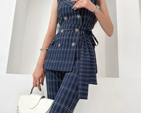 Elegant Double-Breasted Lace-Up Top And Simple Pants 2 Piece Set - Image 8
