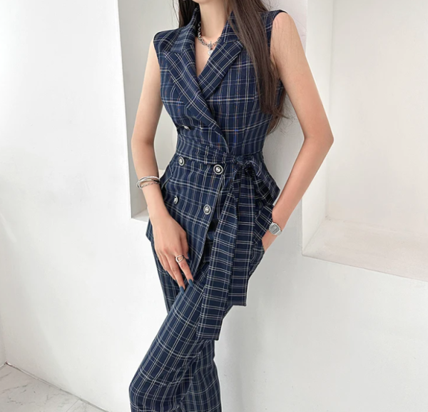 Elegant Double-Breasted Lace-Up Top And Simple Pants 2 Piece Set - Image 6