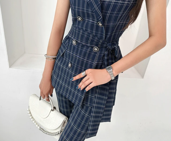 Elegant Double-Breasted Lace-Up Top And Simple Pants 2 Piece Set - Image 7