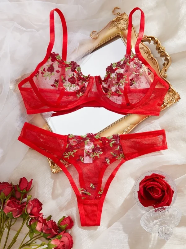 Elegant Embroidery Flower Transparent Thong Set Thin Cup Underwear Bra - Image 2