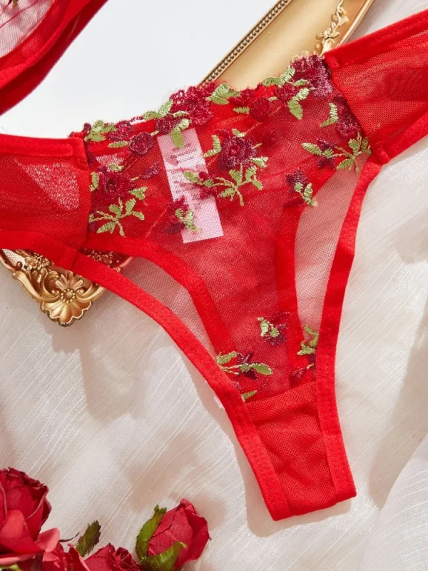 Elegant Embroidery Flower Transparent Thong Set Thin Cup Underwear Bra - Image 4