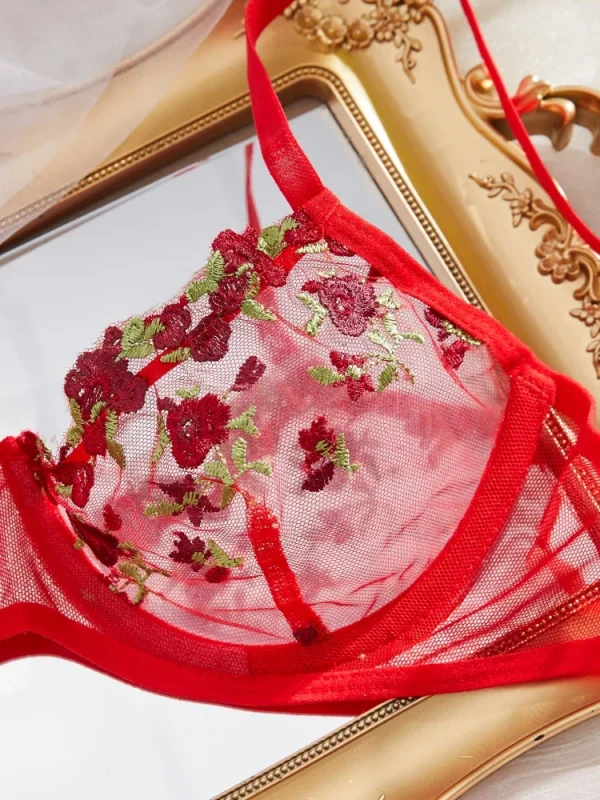 Elegant Embroidery Flower Transparent Thong Set Thin Cup Underwear Bra - Image 5