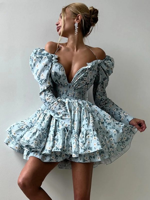 Elegant Fashion Loose Print High Waist Pleated V-Neck Long Sleeve Mini Dresses - Image 3