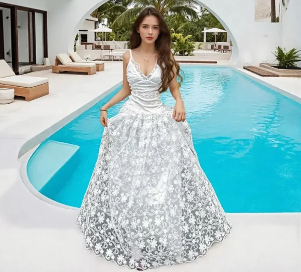 Elegant Floral Lace Up Sheer Cocktail Prom Slip Maxi Dresses