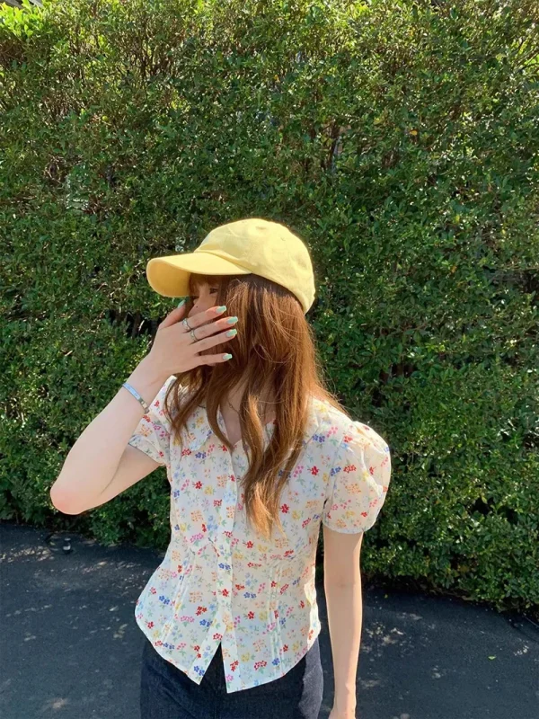 Elegant Floral Sweet Casual Short Sleeve Slim Vintage Retro Tops - Image 3
