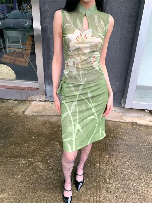 Elegant Floral Vintage Stand Collar Top And Skirt Two Piece Set - Image 6