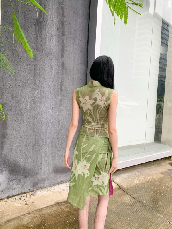 Elegant Floral Vintage Stand Collar Top And Skirt Two Piece Set - Image 8