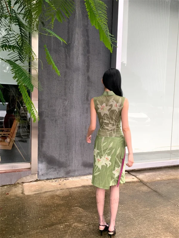 Elegant Floral Vintage Stand Collar Top And Skirt Two Piece Set - Image 9