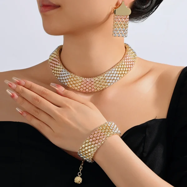 Elegant Geometric Copper Alloy Big Necklace Ethnic Style Bracelet Earrings Jewelry Set