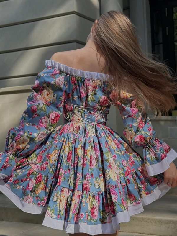 Elegant High Waist Pleated Fashion Slash Neck Long Sleeve Mini Dresses - Image 5