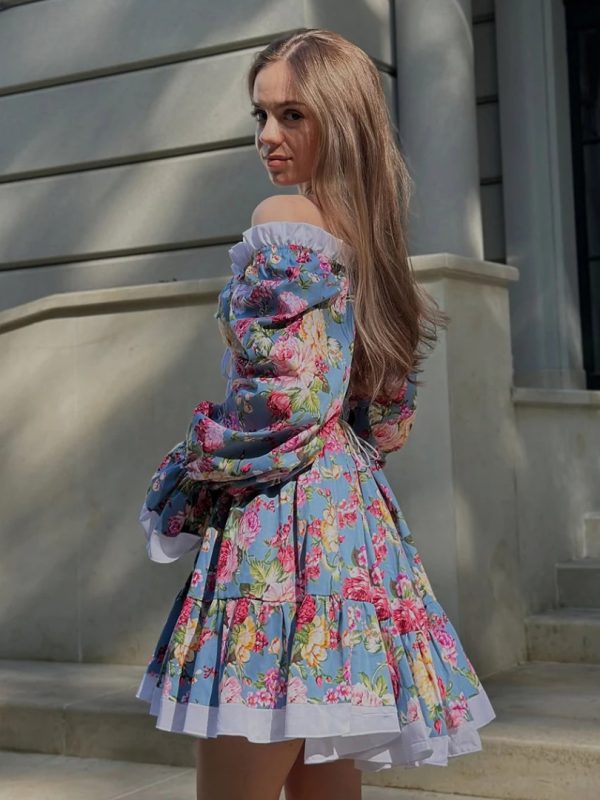 Elegant High Waist Pleated Fashion Slash Neck Long Sleeve Mini Dresses - Image 3