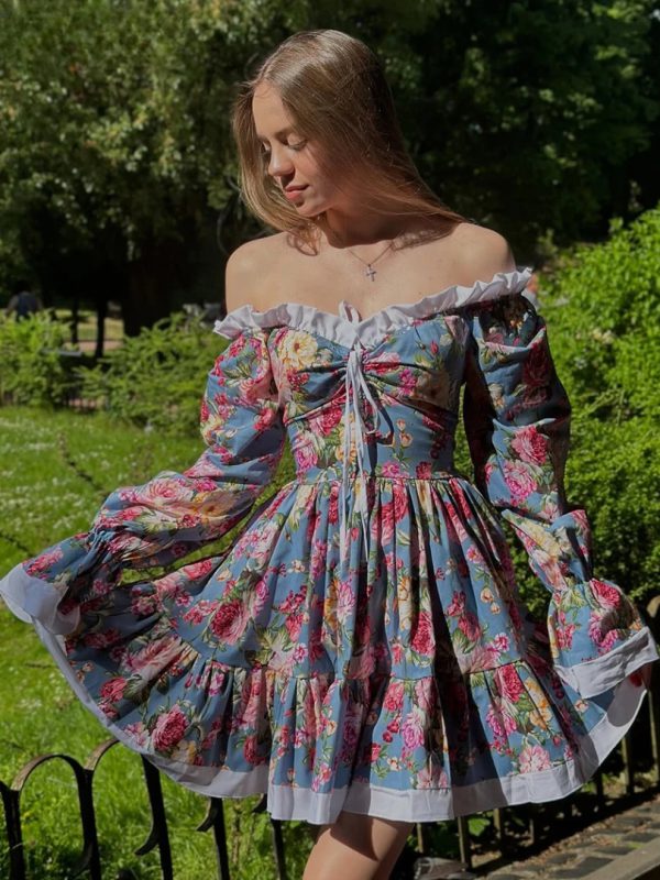 Elegant High Waist Pleated Fashion Slash Neck Long Sleeve Mini Dresses