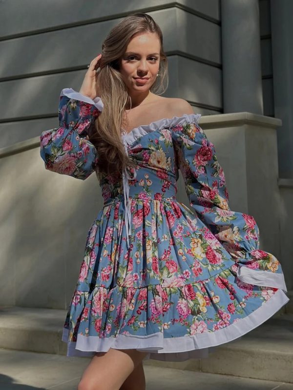 Elegant High Waist Pleated Fashion Slash Neck Long Sleeve Mini Dresses - Image 2