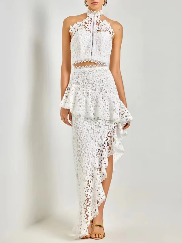 Elegant Hollow Out Spliced Lace Round Neck Sleeveless Top High Wasit Skirt Set - Image 2