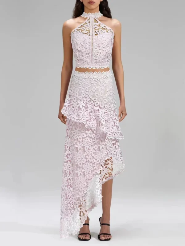 Elegant Hollow Out Spliced Lace Round Neck Sleeveless Top High Wasit Skirt Set - Image 3