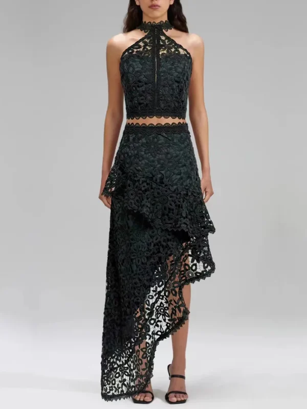 Elegant Hollow Out Spliced Lace Round Neck Sleeveless Top High Wasit Skirt Set - Image 4
