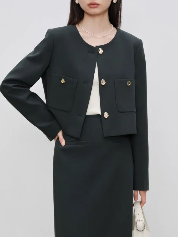 Elegant Button Fly Jacket And Mini Half Skirt 2 Piece Suit