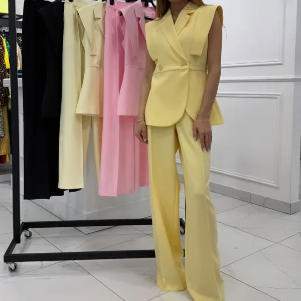 Elegant Lapel Two Buttons Sleeveless Blazer And Wide Leg Pants 2 Piece Set - Image 8