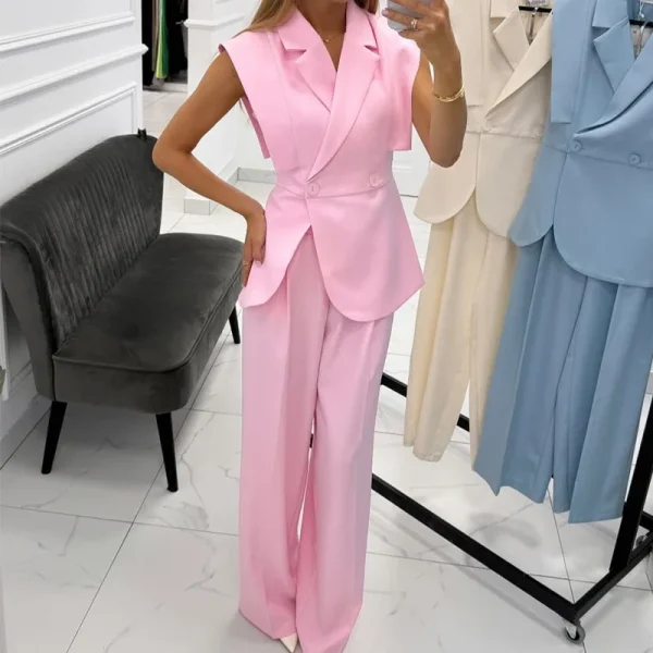 Elegant Lapel Two Buttons Sleeveless Blazer And Wide Leg Pants 2 Piece Set - Image 4