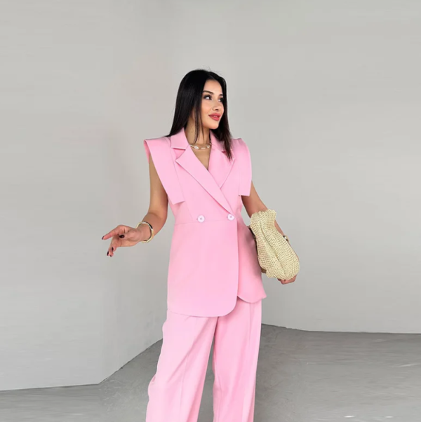 Elegant Lapel Two Buttons Sleeveless Blazer And Wide Leg Pants 2 Piece Set - Image 3