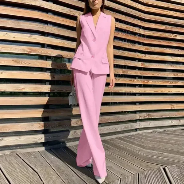 Elegant Lapel Two Buttons Sleeveless Blazer And Wide Leg Pants 2 Piece Set - Image 5