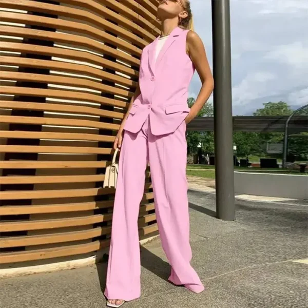 Elegant Lapel Two Buttons Sleeveless Blazer And Wide Leg Pants 2 Piece Set - Image 6