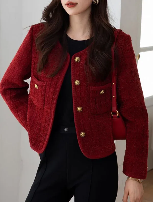 Elegant Single Breasted Long Sleeve O-Neck Outerwear Tweed Coats - Image 6