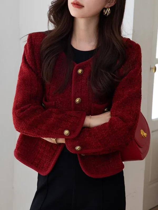 Elegant Single Breasted Long Sleeve O-Neck Outerwear Tweed Coats - Image 5