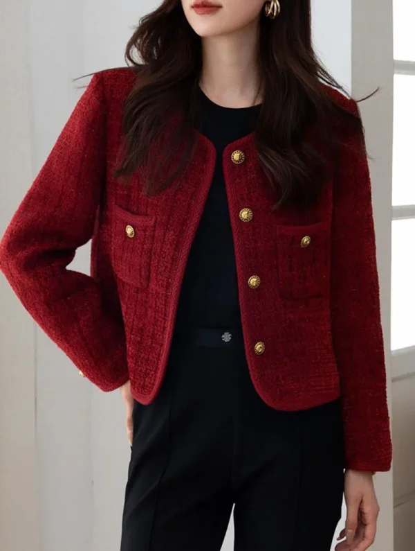 Elegant Single Breasted Long Sleeve O-Neck Outerwear Tweed Coats - Image 4