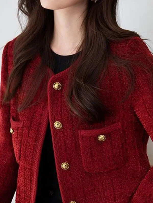 Elegant Single Breasted Long Sleeve O-Neck Outerwear Tweed Coats - Image 3