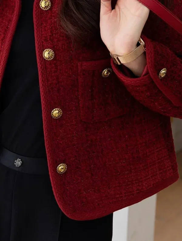 Elegant Single Breasted Long Sleeve O-Neck Outerwear Tweed Coats - Image 2