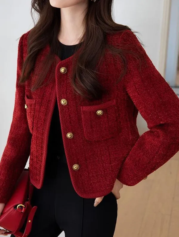 Elegant Single Breasted Long Sleeve O-Neck Outerwear Tweed Coats