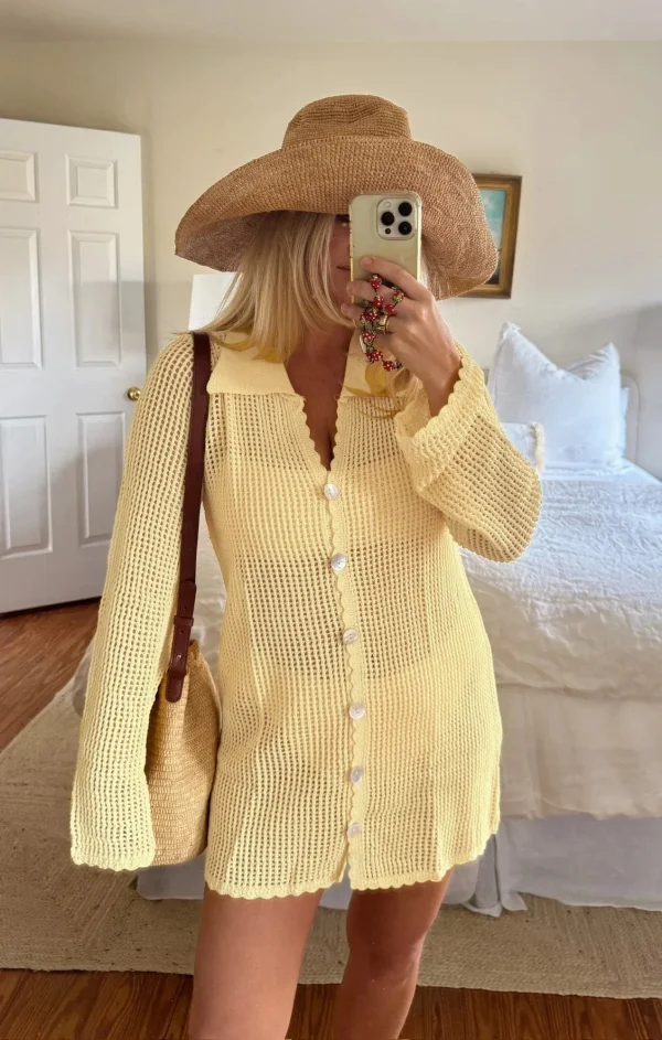 Elegant Loose V Neck Button Coverup Cardigan Knit Mesh Beach Dress