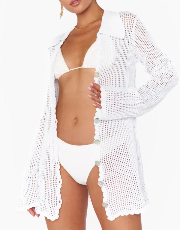 Elegant Loose V Neck Button Coverup Cardigan Knit Mesh Beach Dress - Image 12