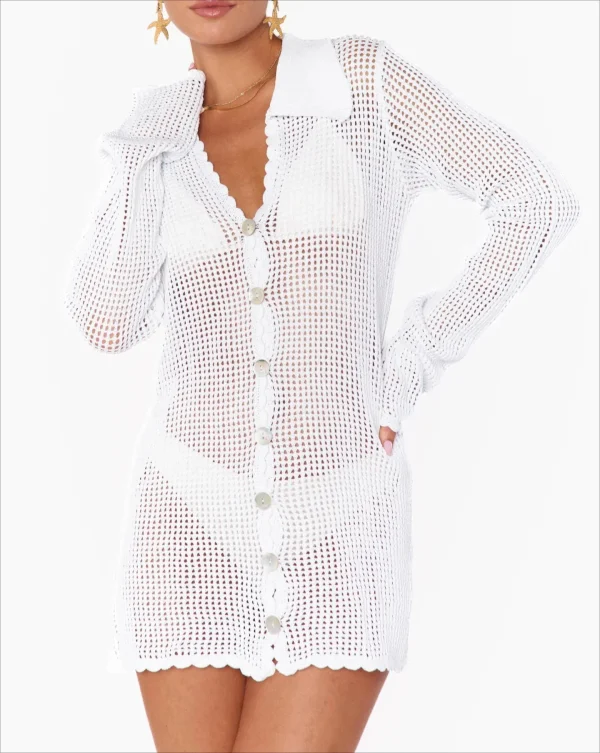 Elegant Loose V Neck Button Coverup Cardigan Knit Mesh Beach Dress - Image 13