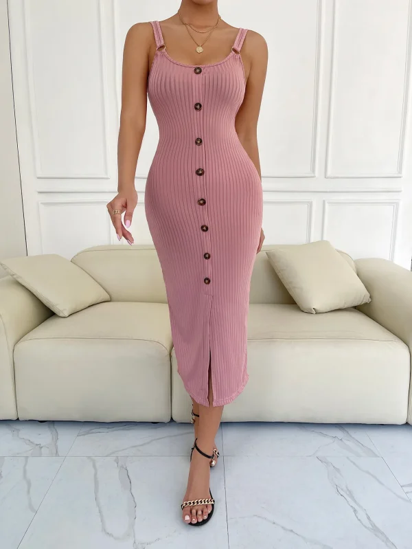 Elegant O-Neck Backless Slim Knitted Slit One Step Skirt Vestidos Dress