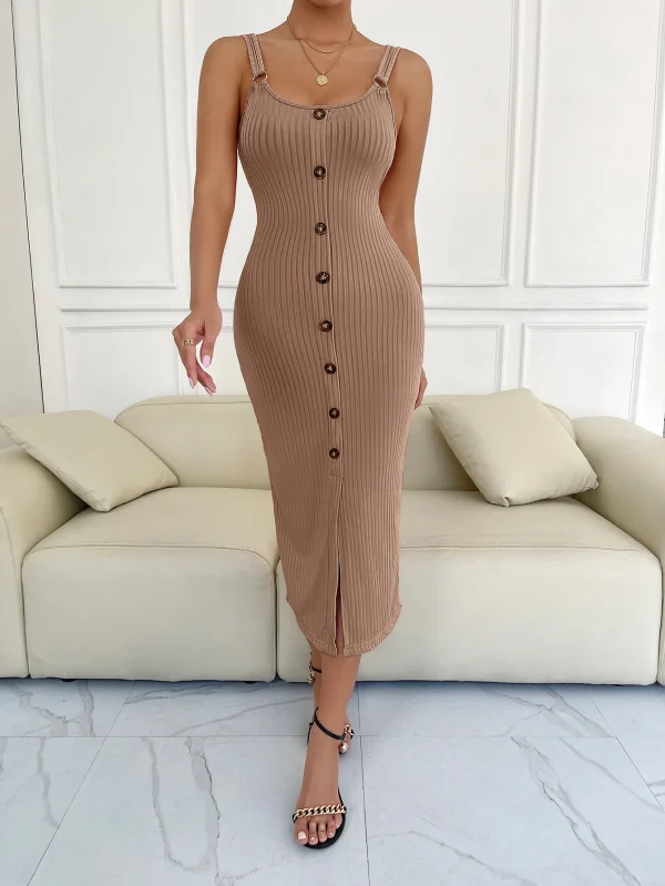 Elegant O-Neck Backless Slim Knitted Slit One Step Skirt Vestidos Dress - Image 14